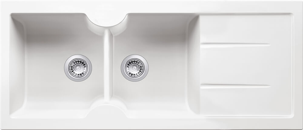 Turner Hastings Cuisine 116 x 50 Inset / Undermount Fine Fireclay Double Bowl and Single Drainer Sink - Matte White
