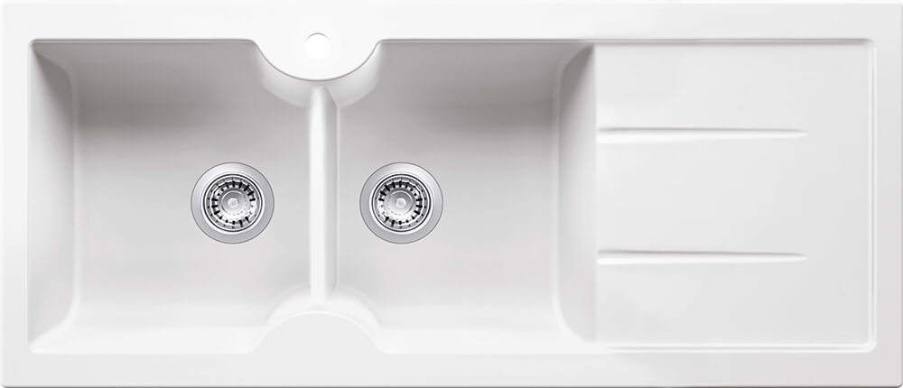 Turner Hastings Cuisine 116 x 50 Inset / Undermount Fine Fireclay Double Bowl and Single Drainer Sink - Matte White