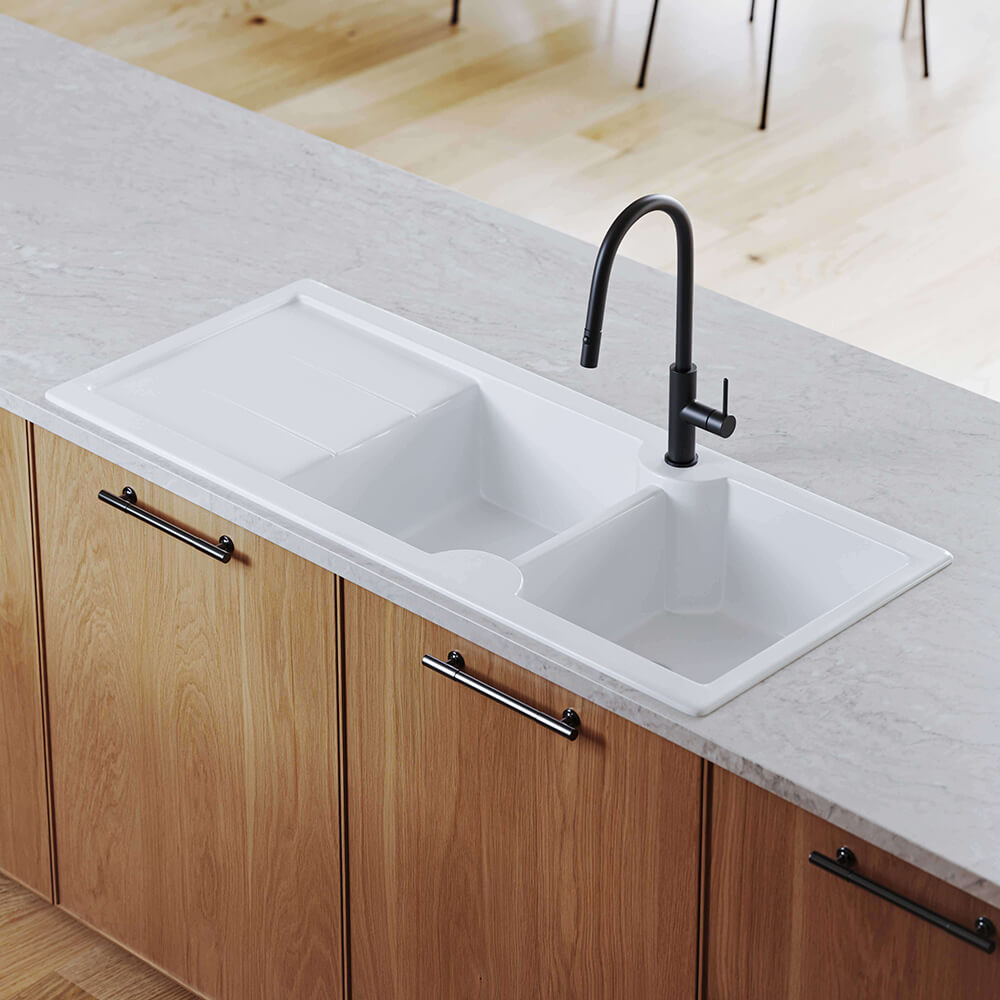 Turner Hastings Cuisine 116 x 50 Inset / Undermount Fine Fireclay Double Bowl and Single Drainer Sink - Matte White