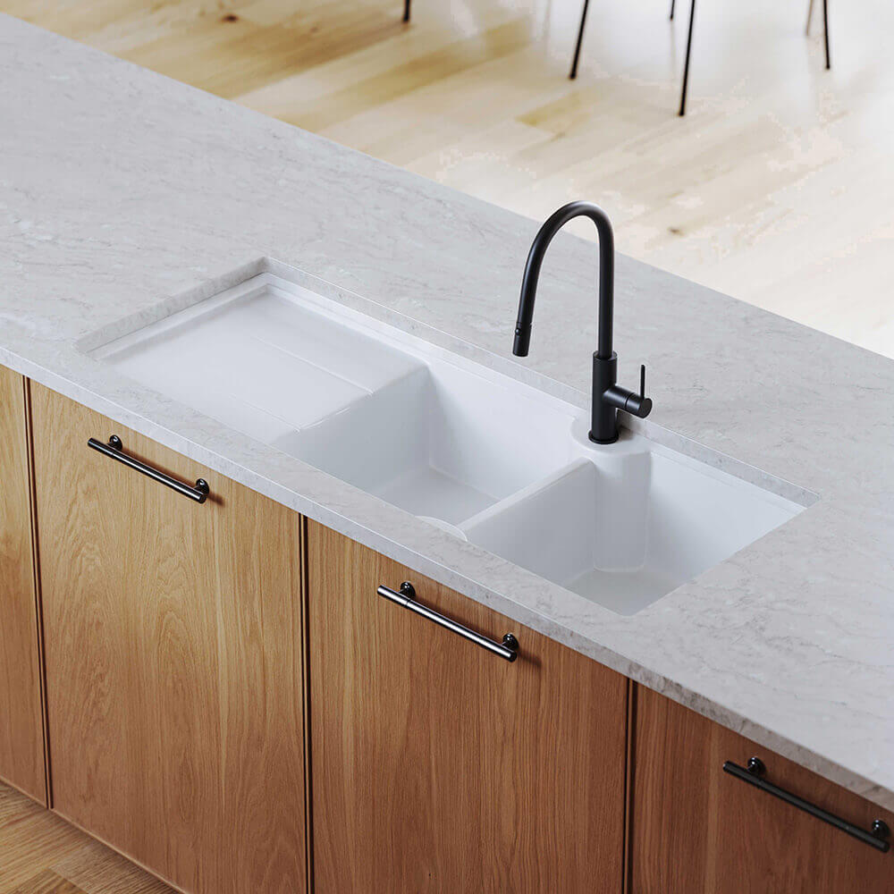 Turner Hastings Cuisine 116 x 50 Inset / Undermount Fine Fireclay Double Bowl and Single Drainer Sink - Matte White