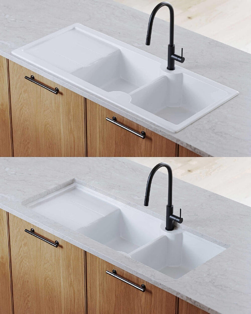 Turner Hastings Cuisine 116 x 50 Inset / Undermount Fine Fireclay Double Bowl and Single Drainer Sink - Matte White