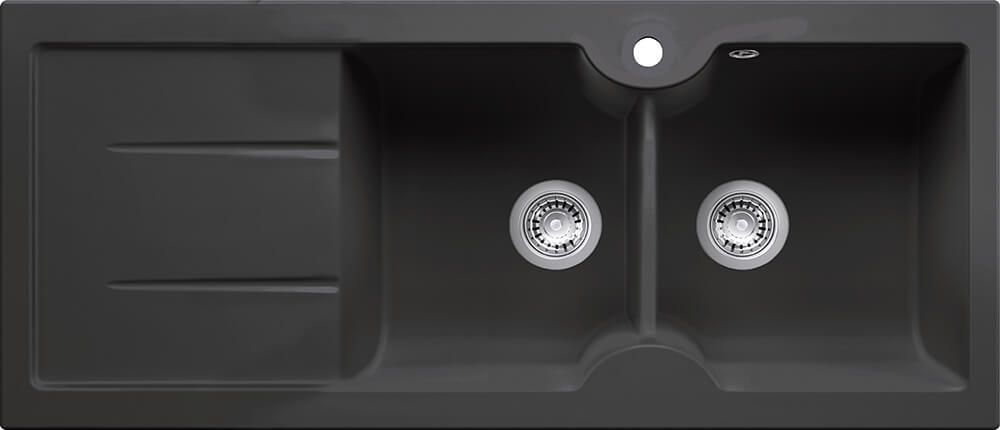 Turner Hastings Cuisine 116 x 50 Inset / Undermount Fine Fireclay Double Bowl and Single Drainer Sink - Matte Black
