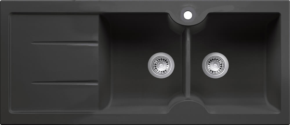 Turner Hastings Cuisine 116 x 50 Inset / Undermount Fine Fireclay Double Bowl and Single Drainer Sink - Matte Black