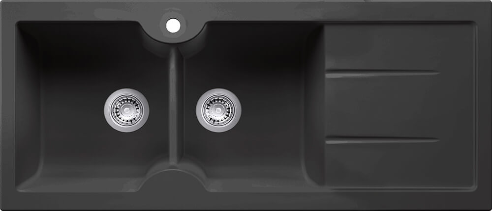 Turner Hastings Cuisine 116 x 50 Inset / Undermount Fine Fireclay Double Bowl and Single Drainer Sink - Matte Black