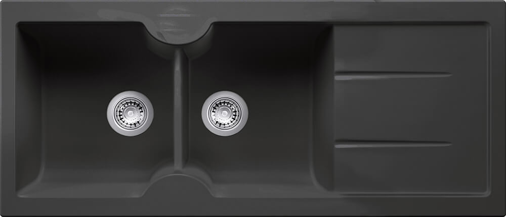 Turner Hastings Cuisine 116 x 50 Inset / Undermount Fine Fireclay Double Bowl and Single Drainer Sink - Matte Black