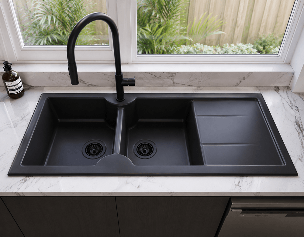 Turner Hastings Cuisine 116 x 50 Inset / Undermount Fine Fireclay Double Bowl and Single Drainer Sink - Matte Black