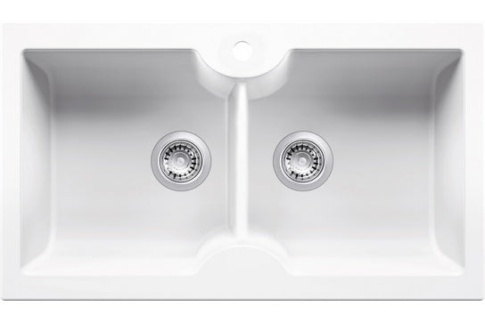 Turner Hastings 86 x 50 Inset / Undermount Fine Fireclay Sink - Double Bowl with Taphole - Gloss White