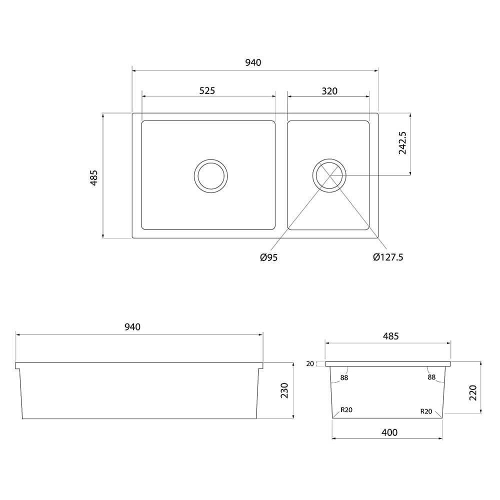 Turner Hastings Cuisine 93 x 48 One and a Half Bowl Inset / Undermount Fine Fireclay Sink - Matte Black