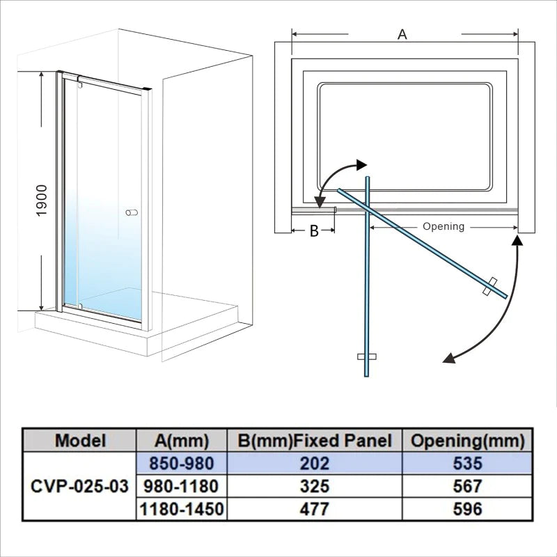 Covey Semi-Framed Adjustable Shower Screen 700 - 1470 x (900/1000) - Chrome