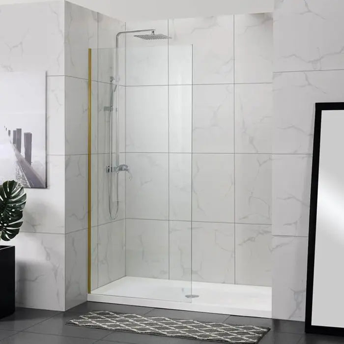 Covey Frameless Single Door Fixed Panel Shower Screen with Glass Channel - Brushed Gold