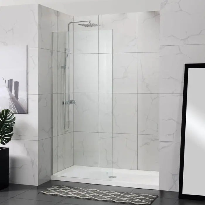 Covey Frameless Single Door Fixed Panel Shower Screen with Glass Channel - Brushed Nickel
