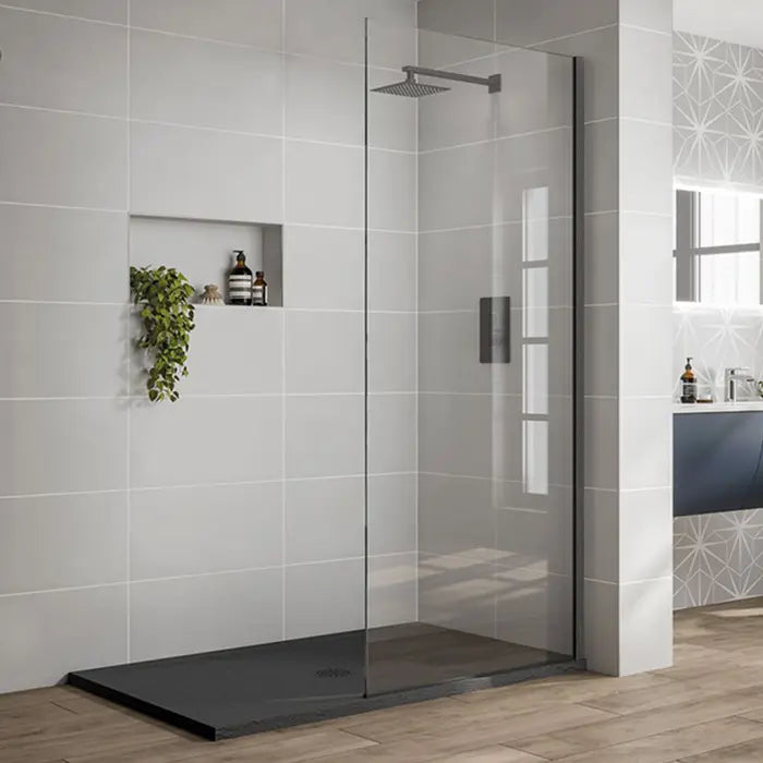 Covey Frameless Single Door Fixed Panel Shower Screen with Glass Channel - Gunmetal Grey