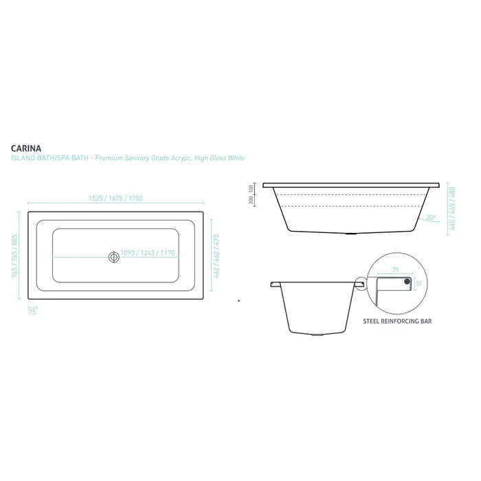 Decina Carina Contour 14 Jet Spa Bath 1525/1675/1750mm - Gloss White