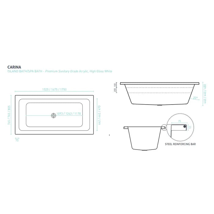 Decina Carina Santai 12 Jet Spa Bath 1525/1675/1750mm - Gloss White