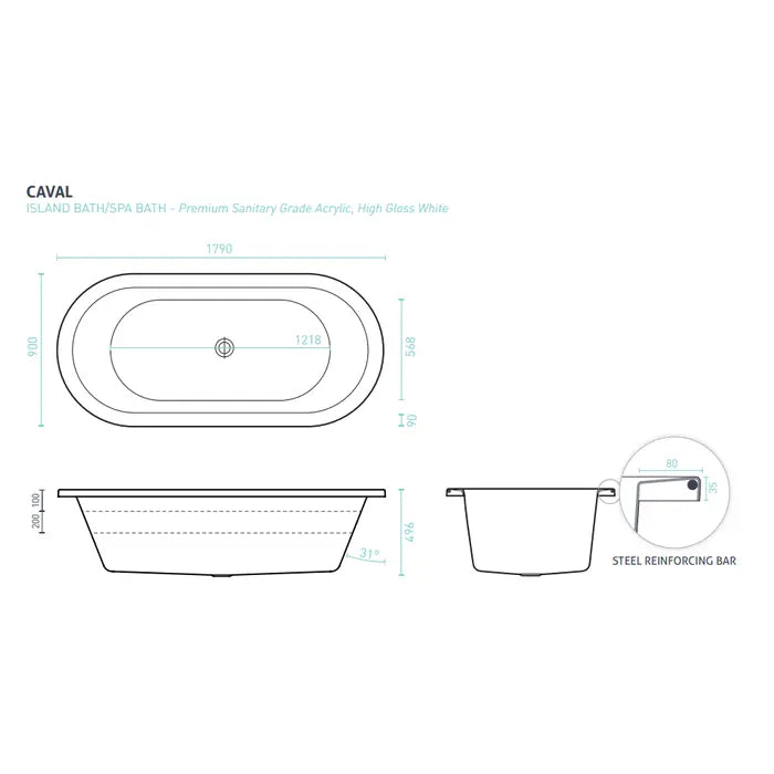 Decina Caval Contour Spa 14 Jet Inset Bath 1800mm - Gloss White
