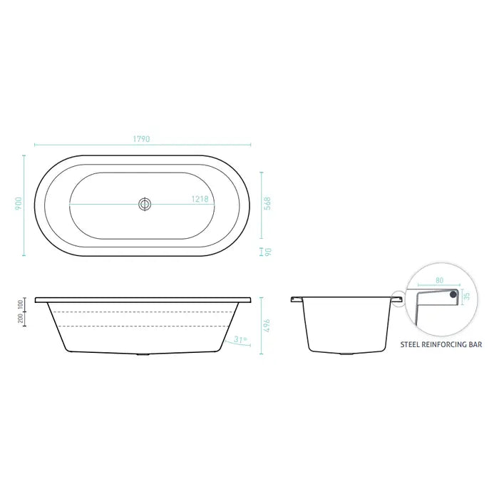 Decina Caval Inset Island Bath 1800mm - Gloss White