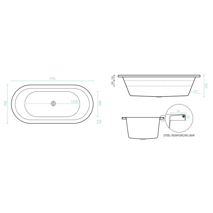 Decina Caval Santai Spa 12 Jet Inset Bath 1800mm - Gloss White
