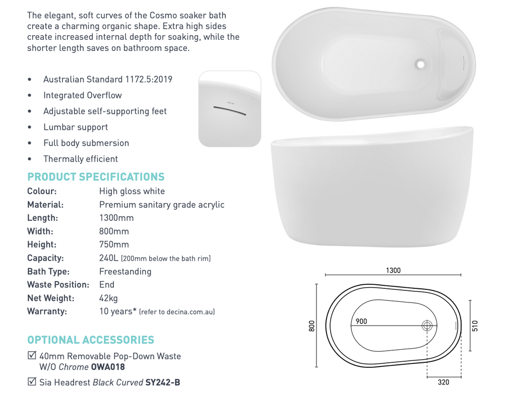 Decina Cosmo Freestanding Bath 1300mm - Gloss White
