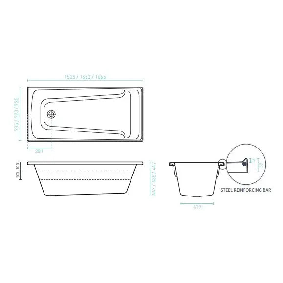 Decina Novara Contour 12 Jet Inset Bath 1525/1653/1665mm - Gloss White