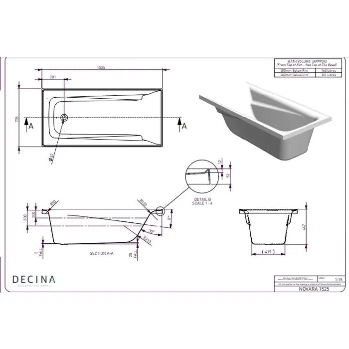 Decina Novara Inset Bath 1525/1653/1665mm - Gloss White