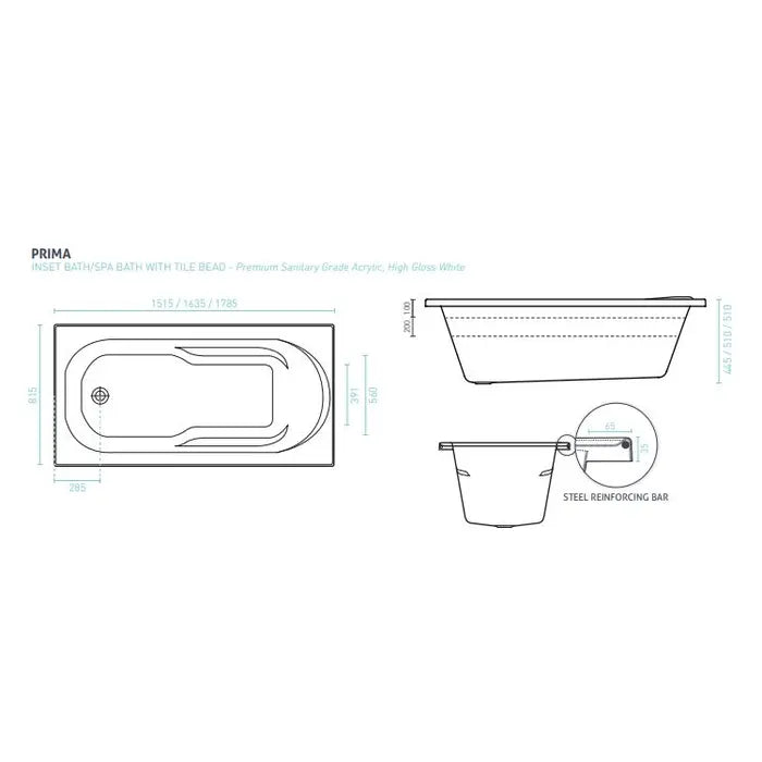 Decina Prima Santai 10 Jet Spa Inset Bath 1515/1635/1785mm - Gloss White