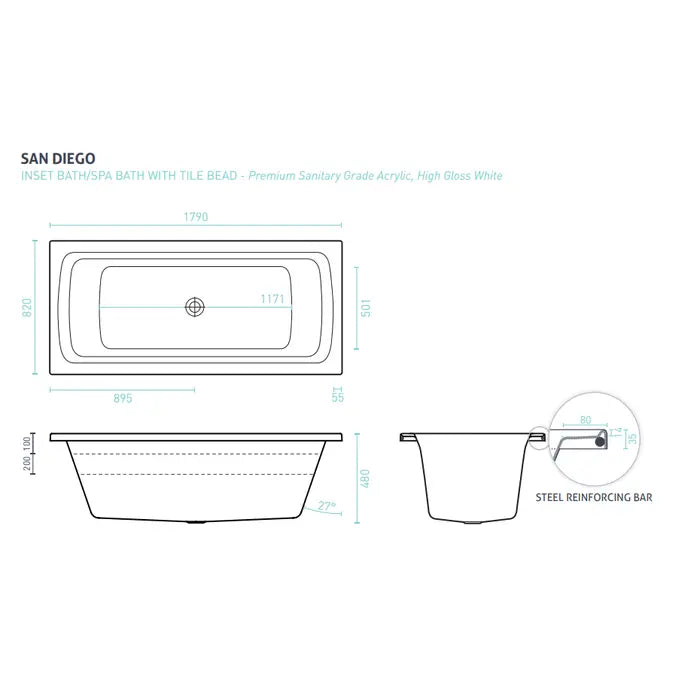 Decina San Diego Dolce Vita 18 Jet Spa Inset Bath 1790mm - Gloss White