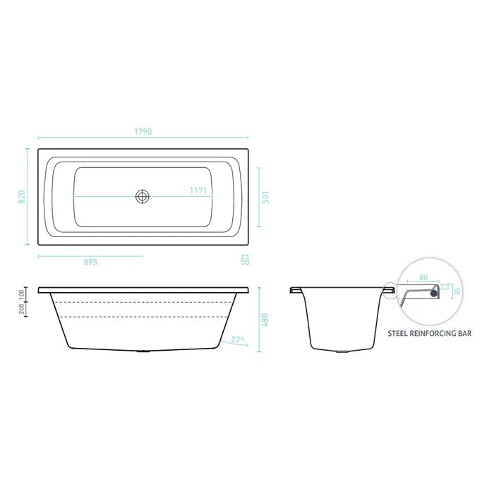 Decina San Diego Santai 12 Jet Spa Inset Bath 1790mm - Gloss White