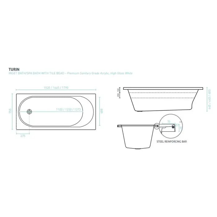 Decina Turin Santai 10 Jet Spa Inset Bath - Gloss White