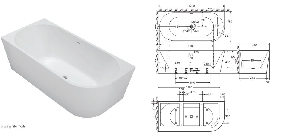 Fienza Isabella Acrylic Corner Bath 1700mm - Gloss White