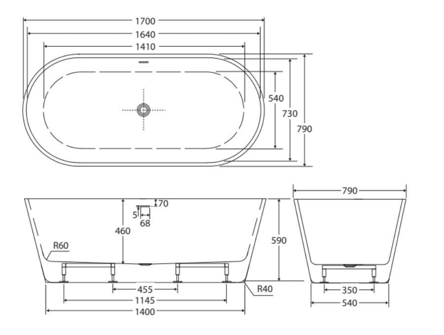 Fienza Austin Freestanding Acrylic Bath with Overflow 1700mm - Gloss White