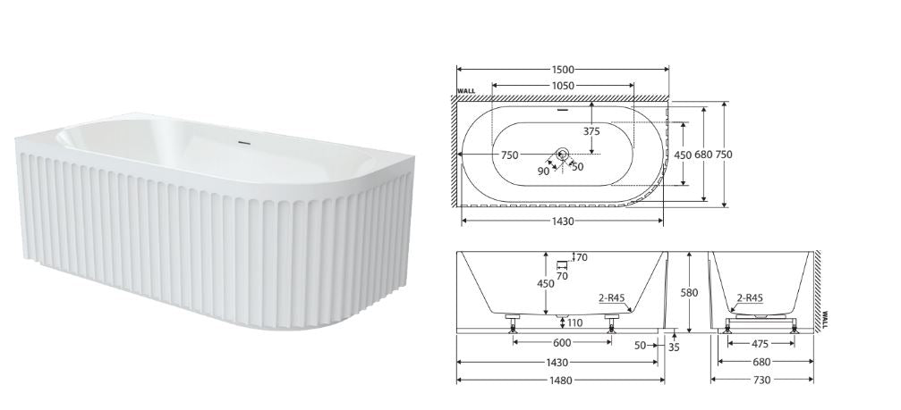 Fienza Eleanor Fluted Acrylic Corner Bath 1500mm - Gloss White
