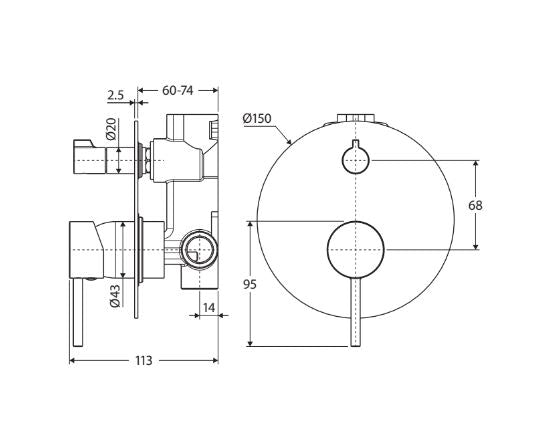 Fienza Kaya Large Round Plate Wall Diverter Mixer - Brushed Copper