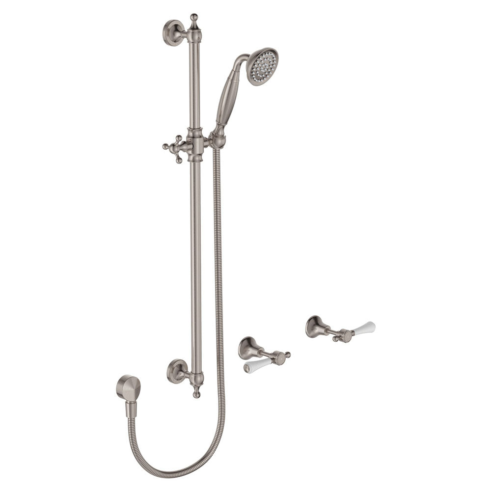 Fienza Lillian Lever Rail Shower Set with Ceramic White Handle - Brushed Nickel