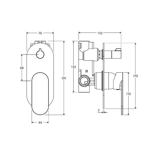 Fienza Empire Slim Wall Diverter Mixer Large Oval Plate Vertical - Matte Black