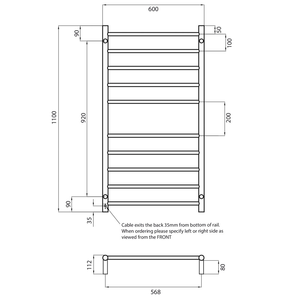 Radiant Heating Round Bars 240V Heated Towel Rails Gunmetal Grey 600 x 1100