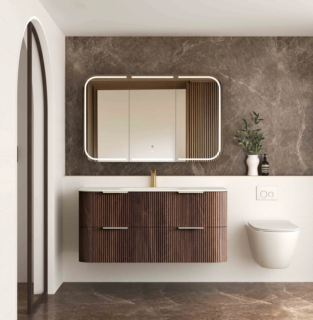 Otti Havana Fluted Curved Wall Hung Vanity with Chloe Silk Top - Sable Walnut