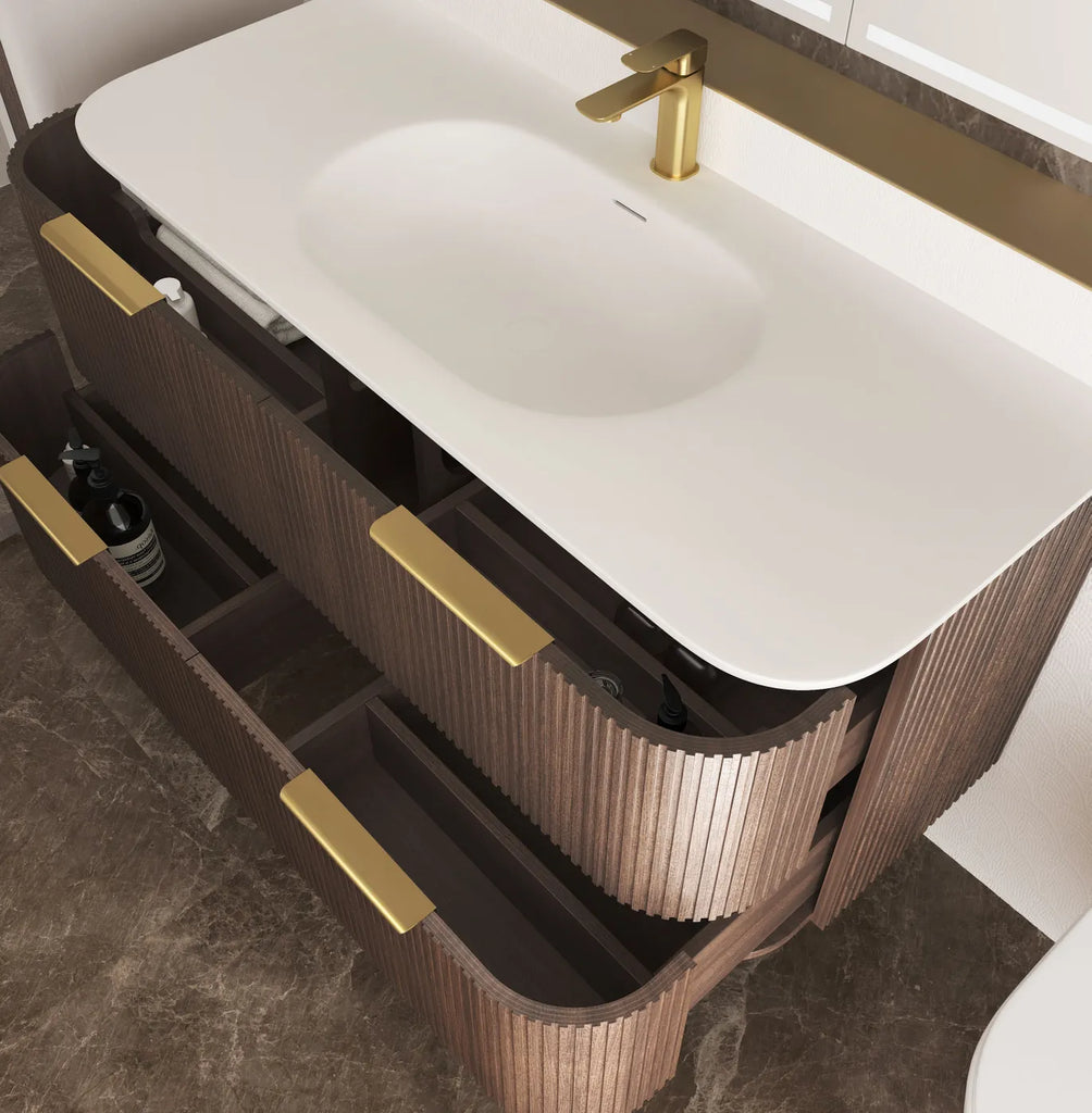Otti Havana Fluted Curved Wall Hung Vanity with Chloe Silk Top - Sable Walnut