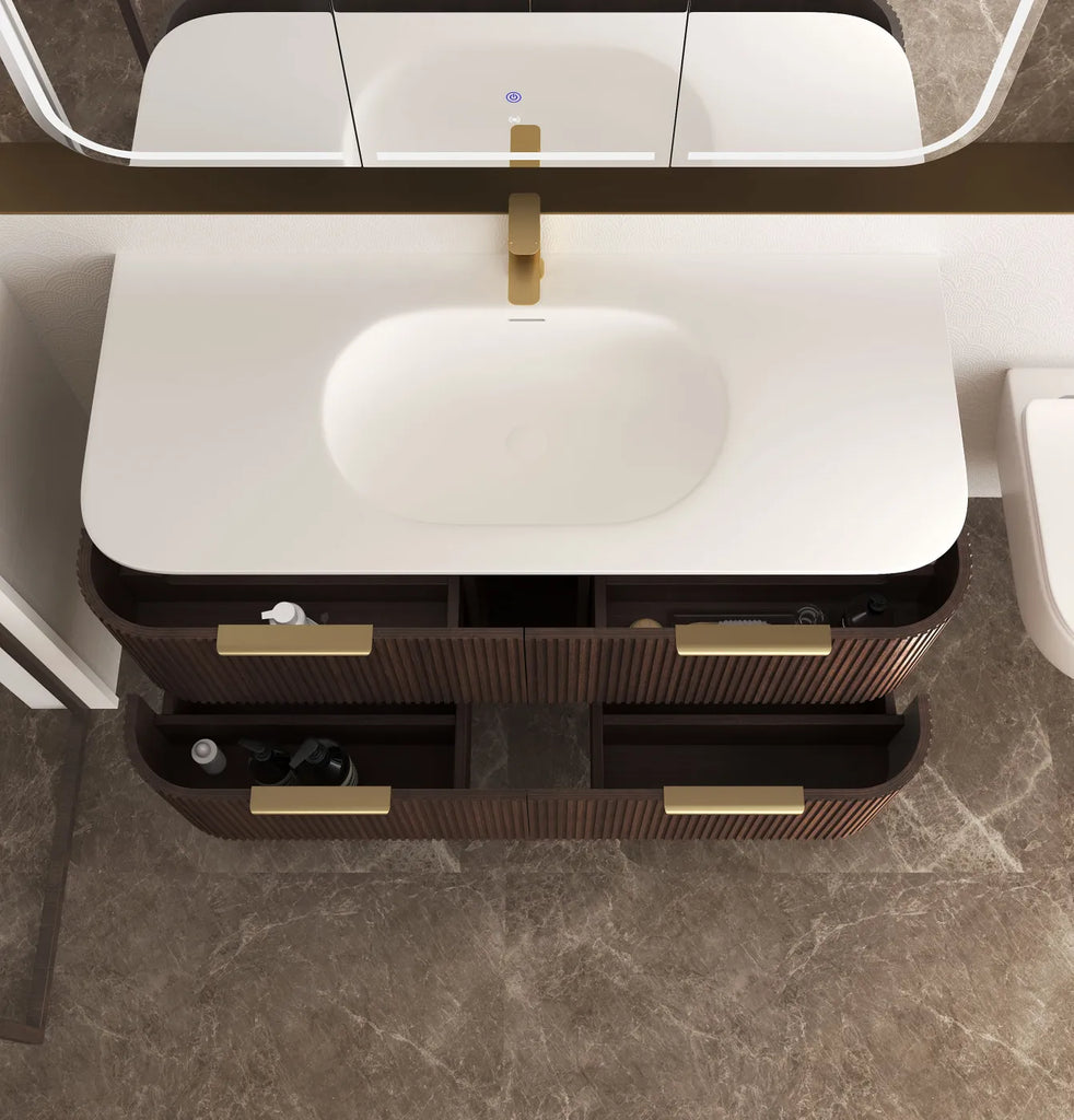 Otti Havana Fluted Curved Wall Hung Vanity with Chloe Silk Top - Sable Walnut