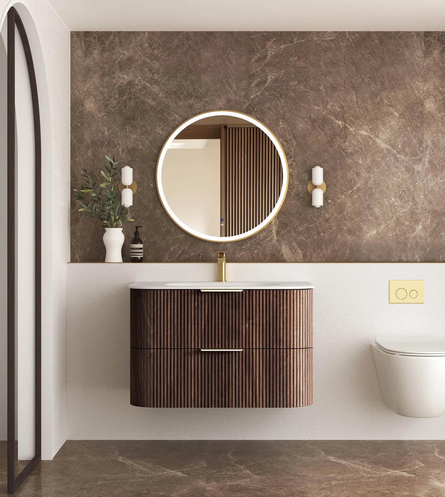 Otti Havana Fluted Curved Wall Hung Vanity with Chloe Silk Top - Sable Walnut