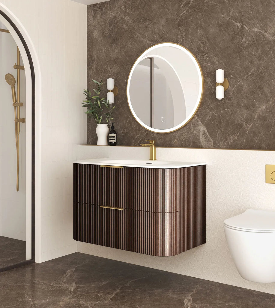 Otti Havana Fluted Curved Wall Hung Vanity with Chloe Silk Top - Sable Walnut