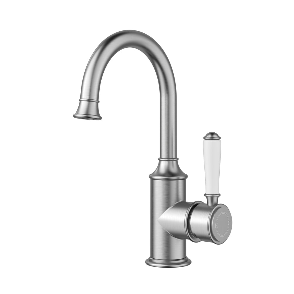 Ikon Clasico Gooseneck Basin Mixer - Brushed Nickel