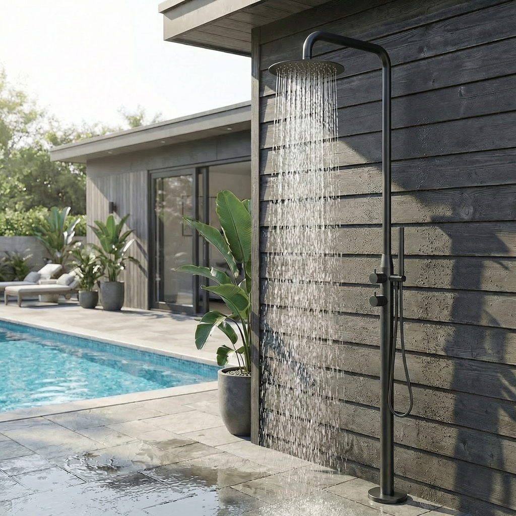 Haven Freestanding Outdoor Shower Kit 316 Stainless Lead Free Matte Black