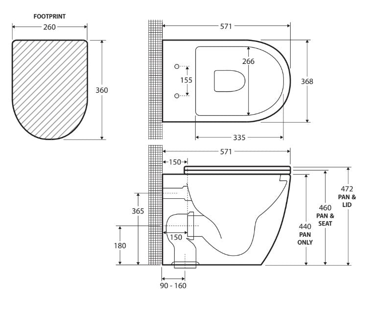 Fienza Alix Ambulant Wall-Faced Toilet Suite Slim Seat - Gloss White