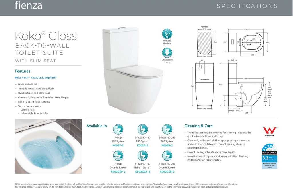 Fienza Koko Tornado Flush Slim Seat Back-to-Wall Suite - Gloss White