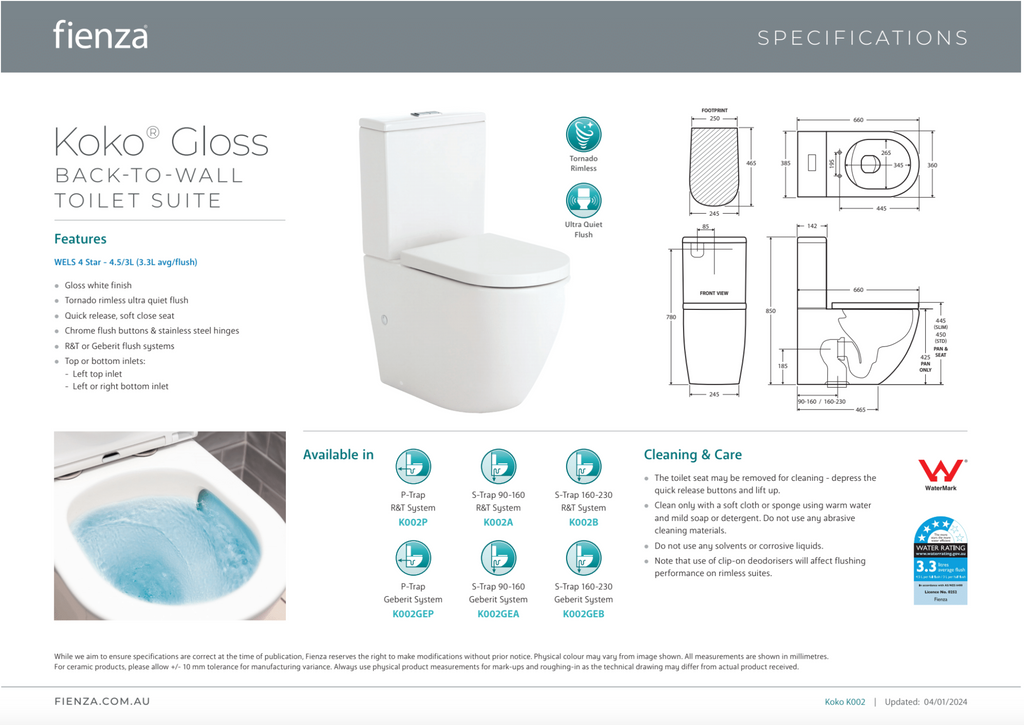 Fienza Koko Tornado Flush Back-to-Wall Suite - Gloss White