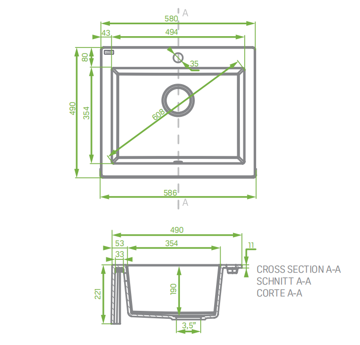Granite Single Bowl Kitchen Sink 490x580x220mm - White