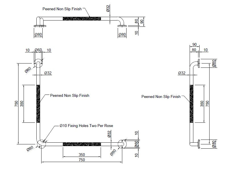 Metlam 90° Peened Grab Rail - Satin Stainless Steel