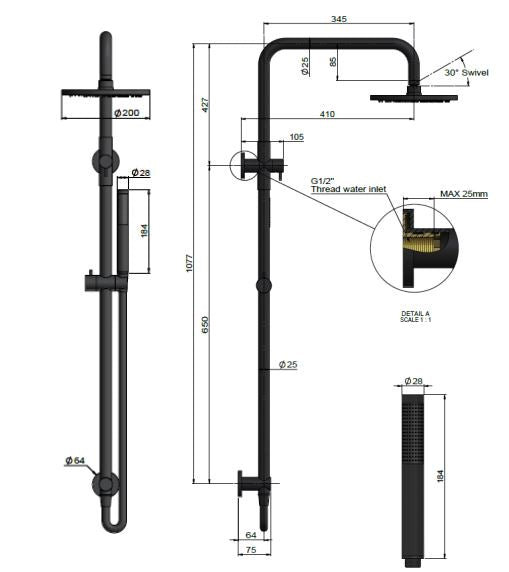 Meir Round Combination Shower Rail and Hand Shower - Shadow