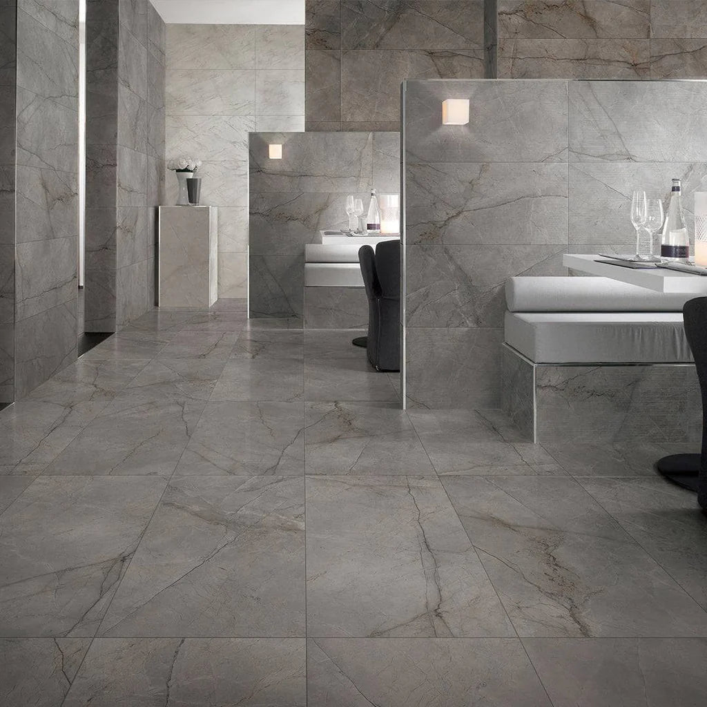 Root Light Grey Polished Marble Look Tile 600x600