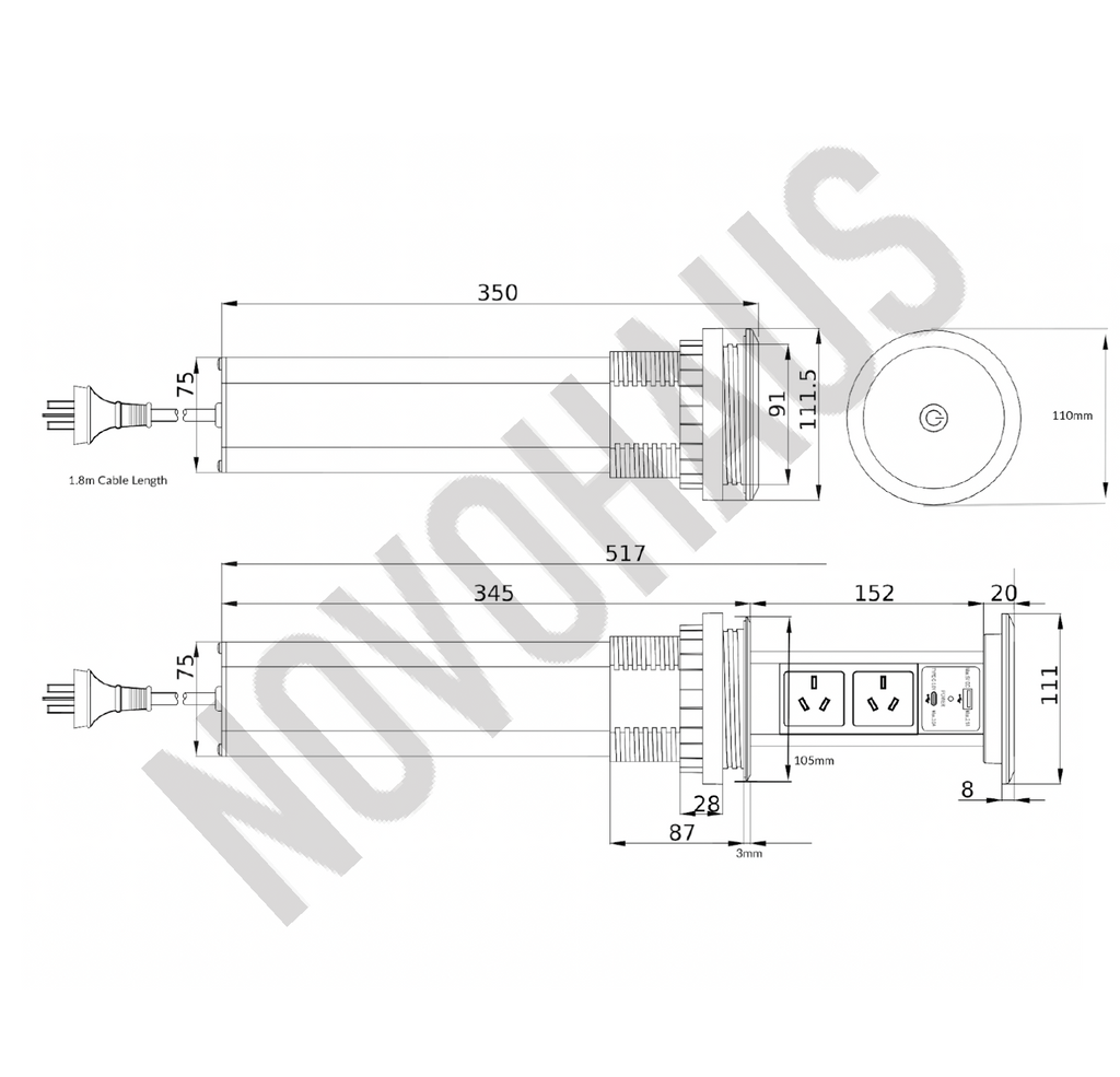 Motorised Pop Up Bench Power Point With USB - Black
